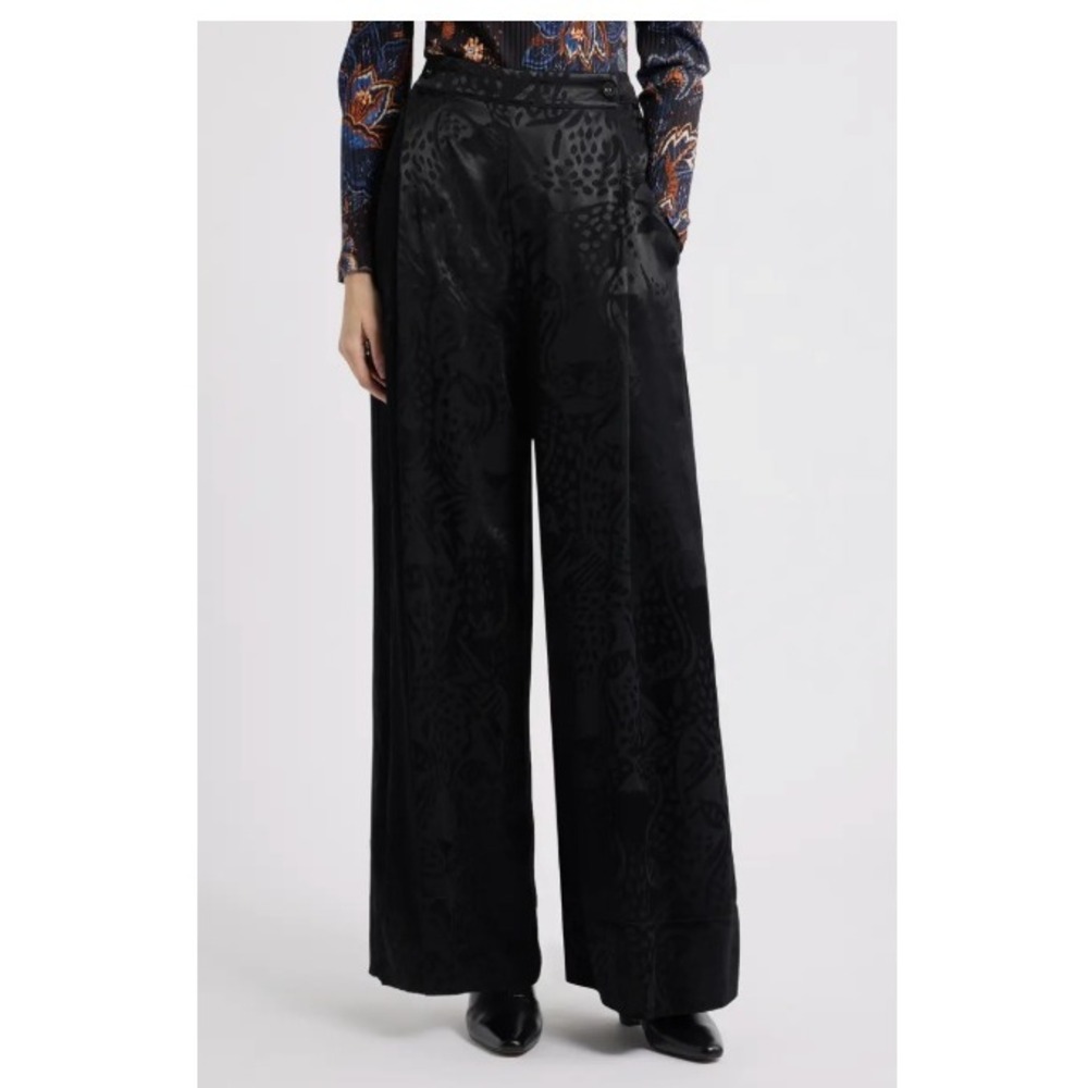 Farm Rio Black Leopard Satin Jacquard Wide Leg High Rise Palazzo Trousers Pants